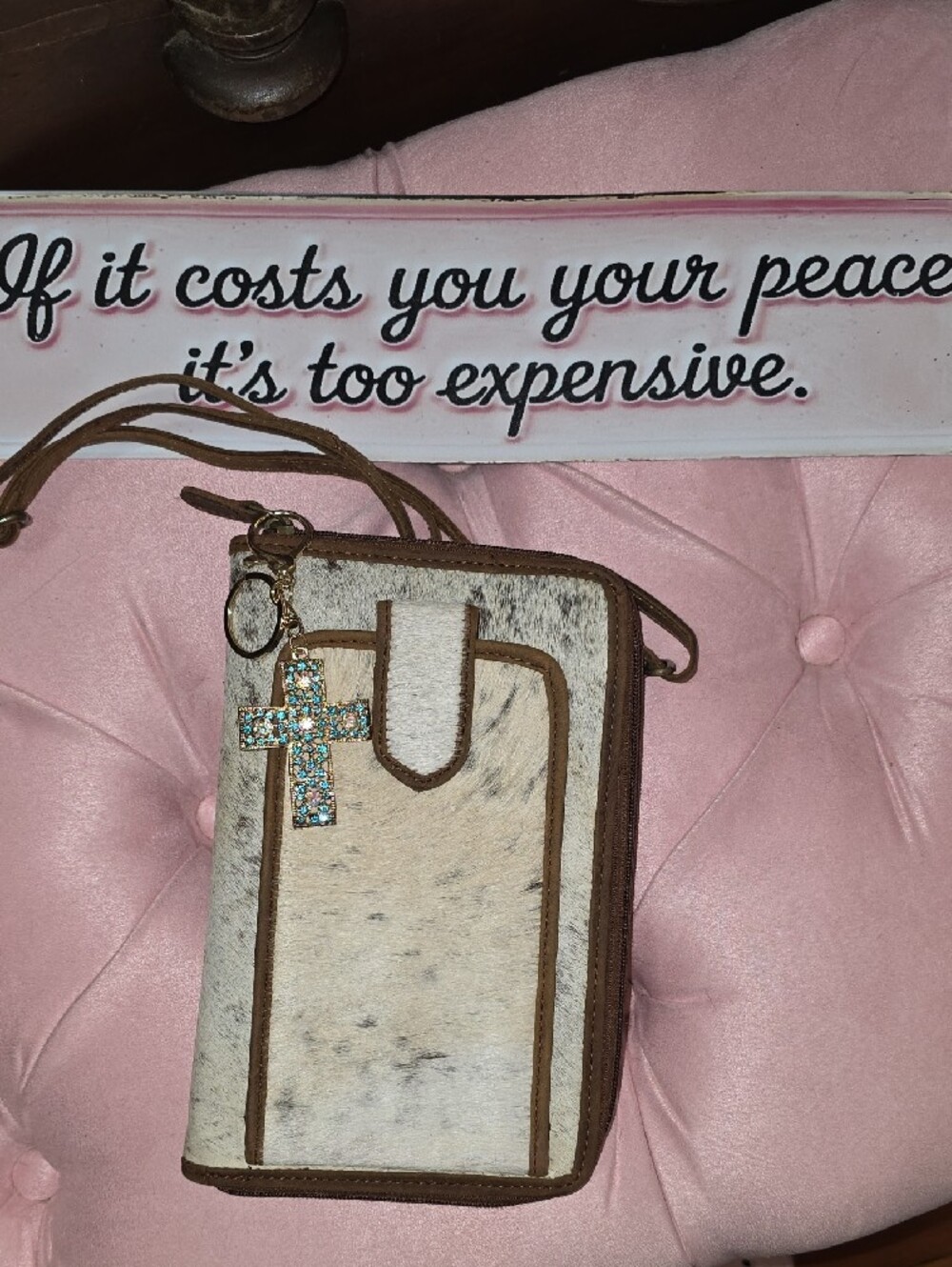 Cowhide Crossbody Small Purse in White & Brown Cowhide +free Cross Purse Bling